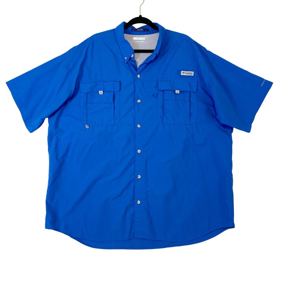 Columbia PFG Bahama Fishing‎ Shirt Mens XXL Blue Short Sleeve Vented Omni Shade
